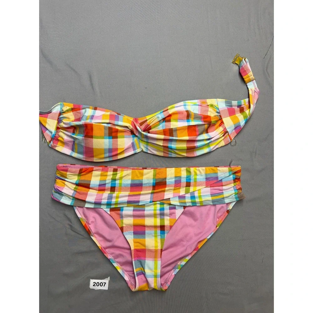 Bleu Rod Beattie Plaid Bandeau Bikini Multi Color Pink Yellow 12 Top 14 Bottom